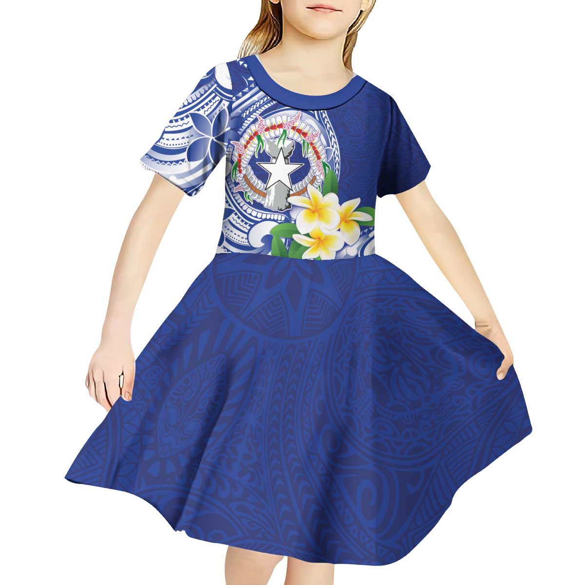 Northern Mariana Islands Kid Short Sleeve Dress Polynesian Pattern With Frangipani LT05 - Polynesian Pride