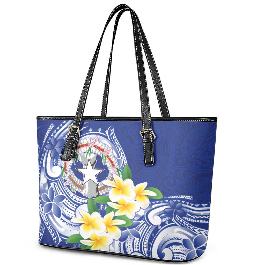 Northern Mariana Islands Leather Tote Bag Polynesian Pattern With Frangipani