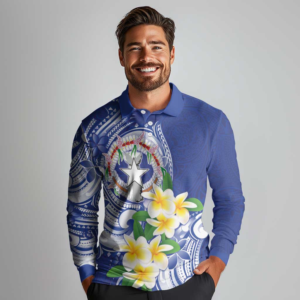 Northern Mariana Islands Long Sleeve Polo Shirt Polynesian Pattern With Frangipani LT05 - Polynesian Pride