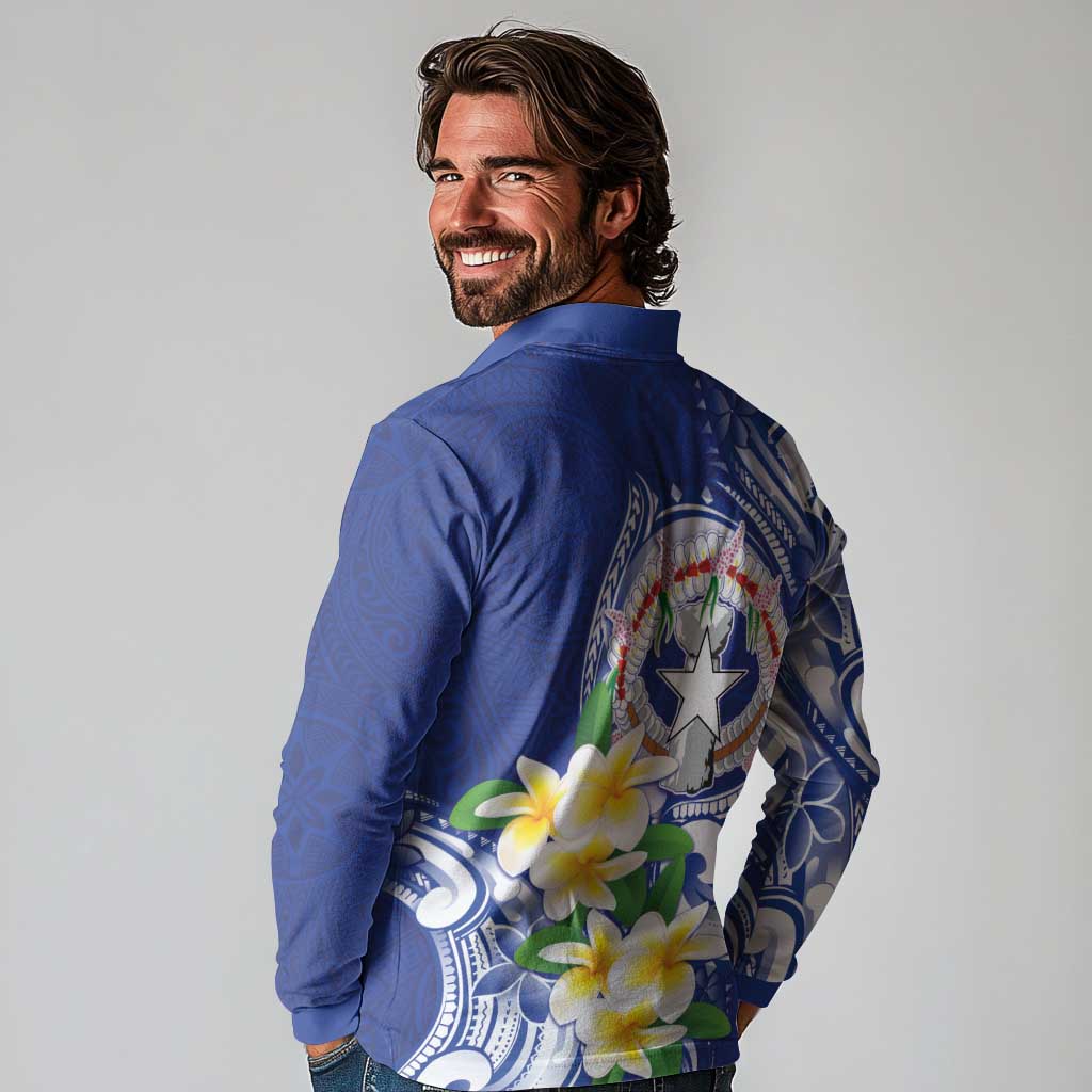 Northern Mariana Islands Long Sleeve Polo Shirt Polynesian Pattern With Frangipani LT05 - Polynesian Pride