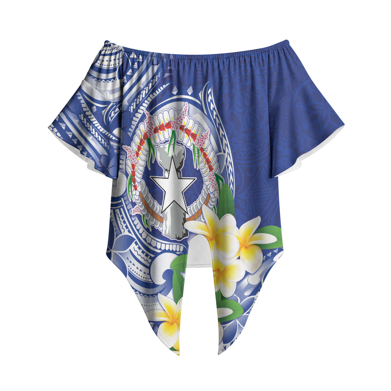 Northern Mariana Islands Off Shoulder Wrap Waist Top Polynesian Pattern With Frangipani LT05 Navy - Polynesian Pride