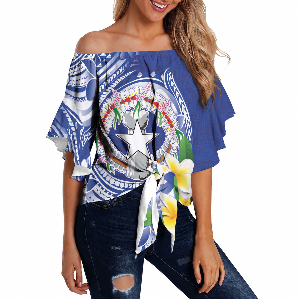 Northern Mariana Islands Off Shoulder Wrap Waist Top Polynesian Pattern With Frangipani LT05 - Polynesian Pride