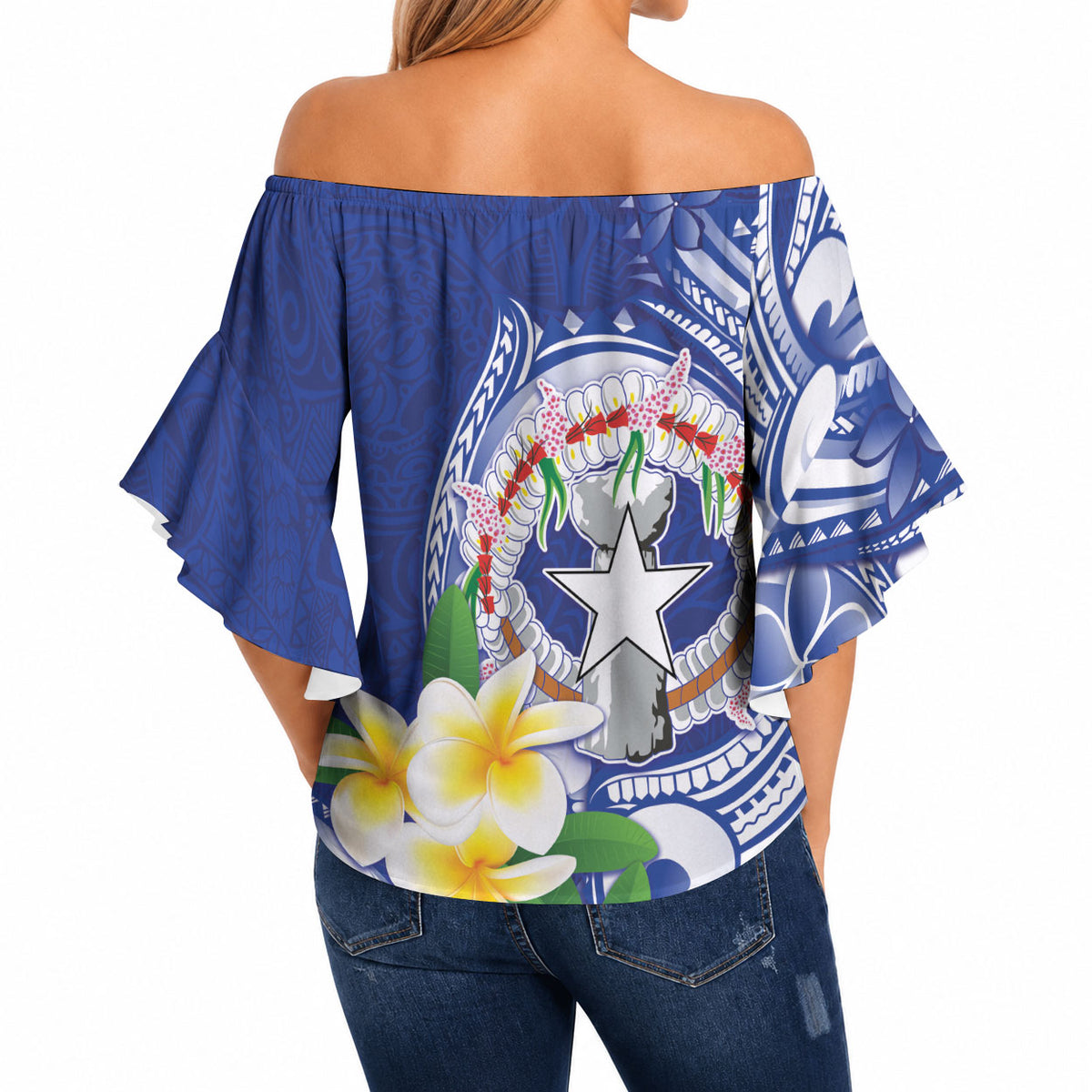 Northern Mariana Islands Off Shoulder Wrap Waist Top Polynesian Pattern With Frangipani LT05 - Polynesian Pride