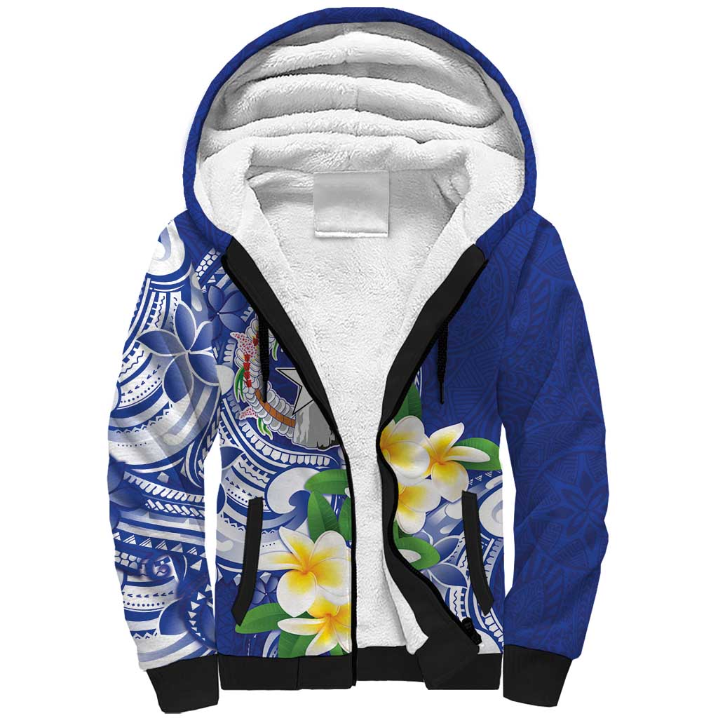 Northern Mariana Islands Sherpa Hoodie Polynesian Pattern With Frangipani LT05 Unisex Navy - Polynesian Pride