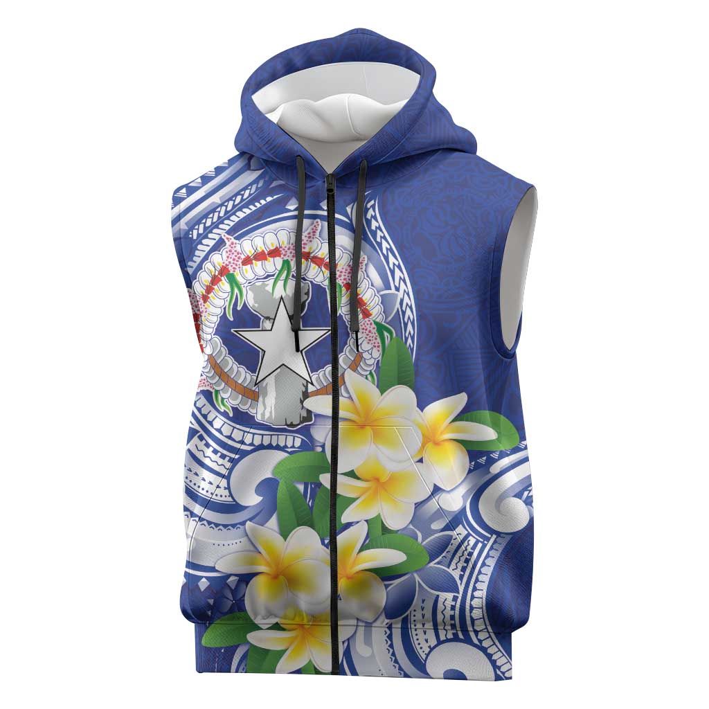 Northern Mariana Islands Sleeveless Zip Hoodie Polynesian Pattern With Frangipani