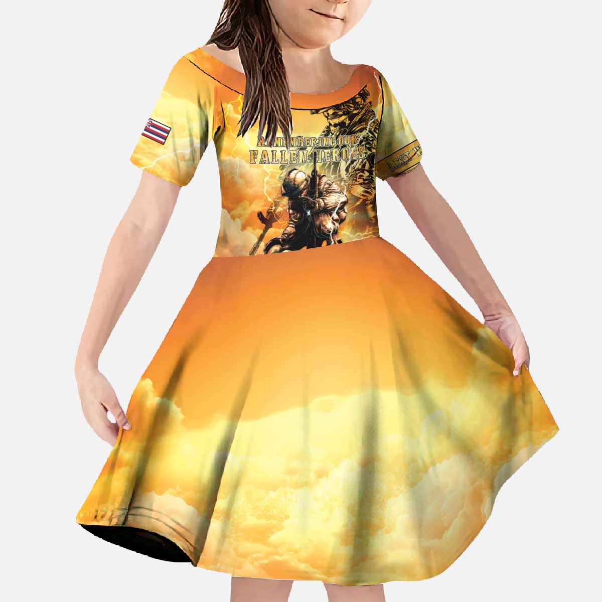 Hawaii Memorial Day Family Matching Off The Shoulder Long Sleeve Dress and Hawaiian Shirt Remember Their Sacrifice LT05 Daughter's Dress Yellow - Polynesian Pride