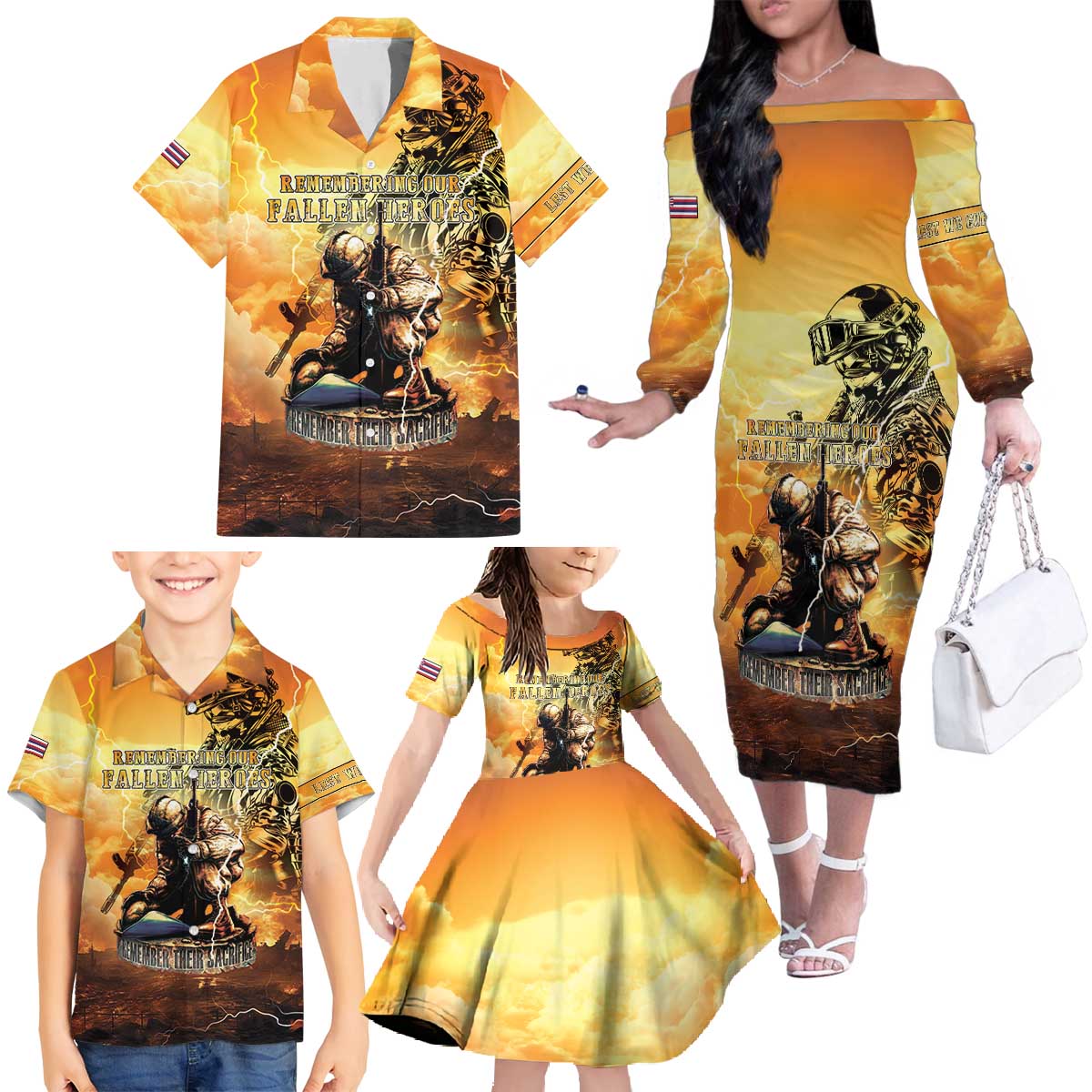 Hawaii Memorial Day Family Matching Off The Shoulder Long Sleeve Dress and Hawaiian Shirt Remember Their Sacrifice LT05 - Polynesian Pride