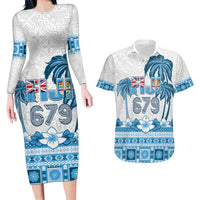 Fiji 679 Constitution Day Couples Matching Long Sleeve Bodycon Dress and Hawaiian Shirt Fijian Tapa Pattern LT05 Blue - Polynesian Pride