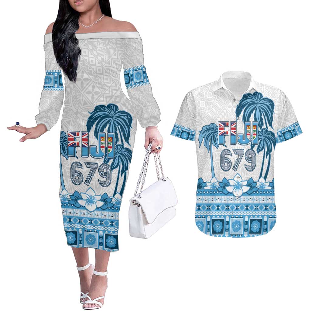 Fiji 679 Constitution Day Couples Matching Off The Shoulder Long Sleeve Dress and Hawaiian Shirt Fijian Tapa Pattern LT05 Blue - Polynesian Pride