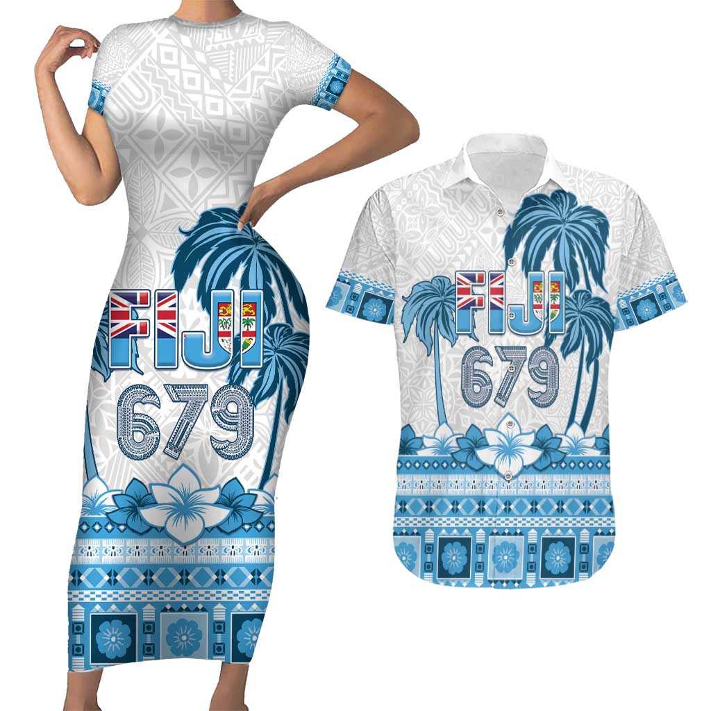Fiji 679 Constitution Day Couples Matching Short Sleeve Bodycon Dress and Hawaiian Shirt Fijian Tapa Pattern LT05 Blue - Polynesian Pride