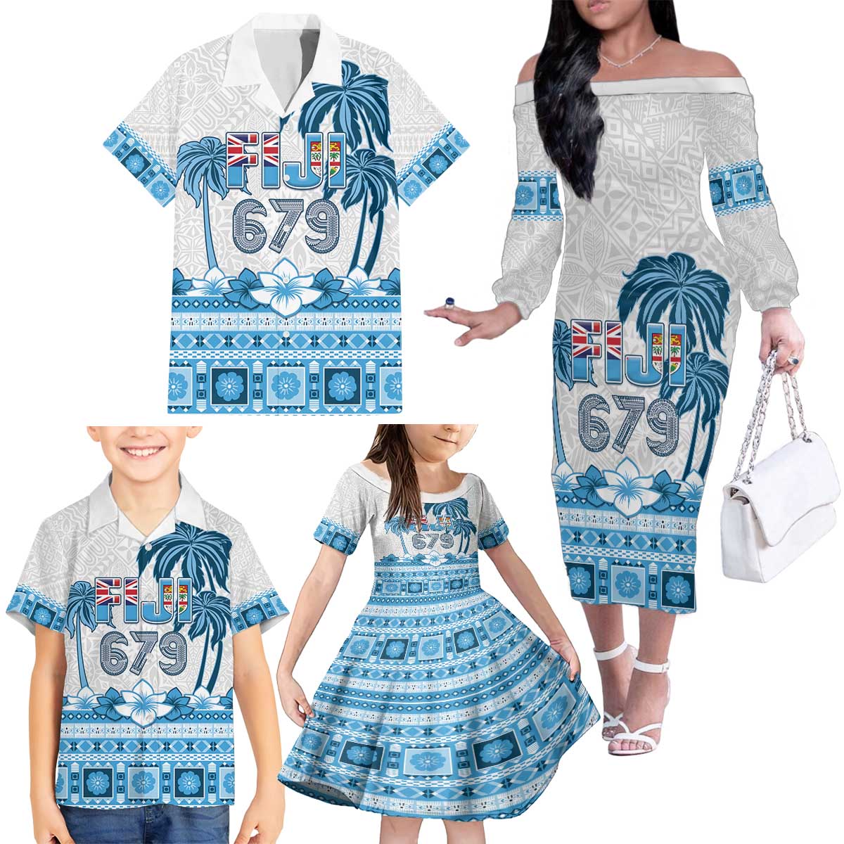 Fiji 679 Constitution Day Family Matching Off The Shoulder Long Sleeve Dress and Hawaiian Shirt Fijian Tapa Pattern LT05 - Polynesian Pride
