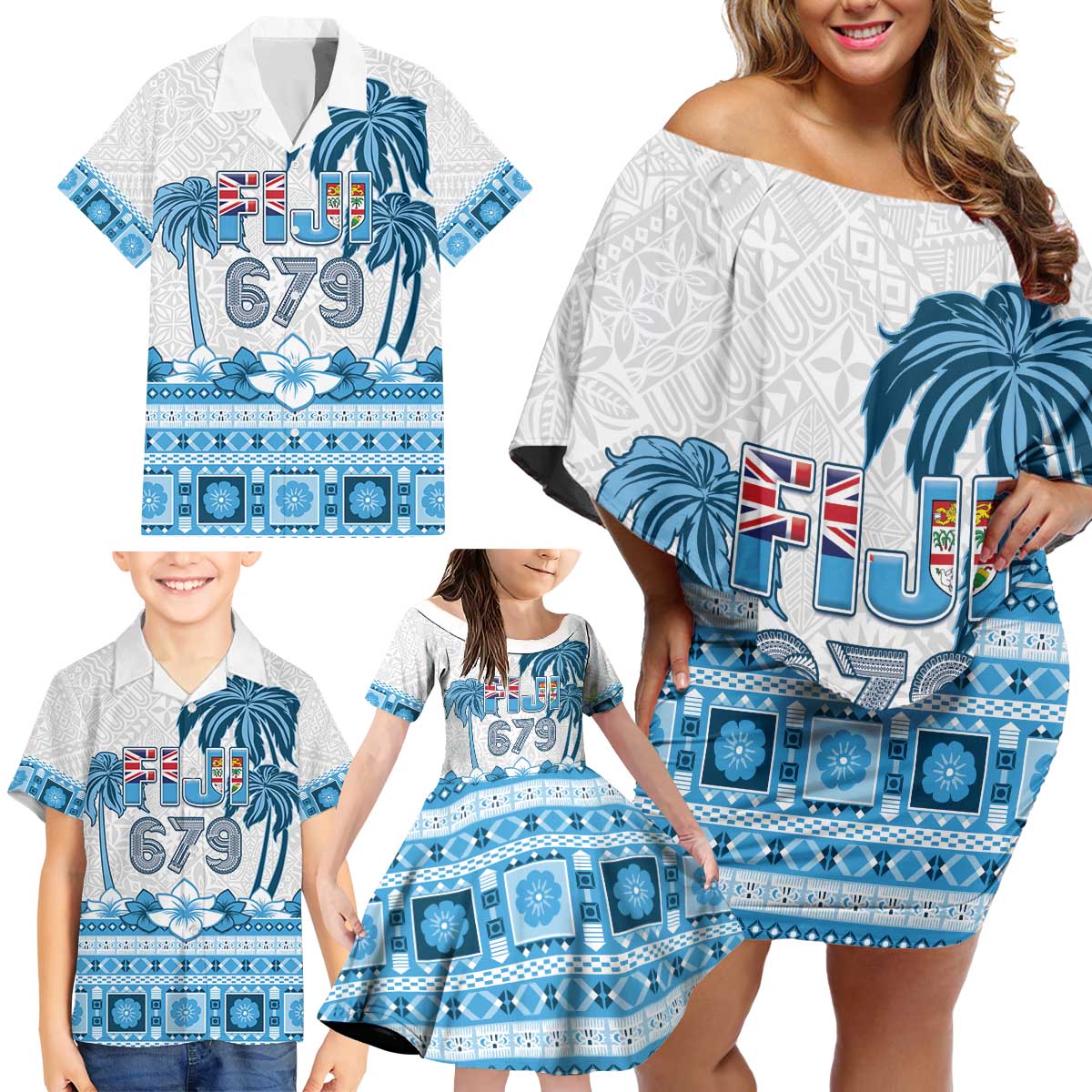 Fiji 679 Constitution Day Family Matching Off Shoulder Short Dress and Hawaiian Shirt Fijian Tapa Pattern LT05 - Polynesian Pride