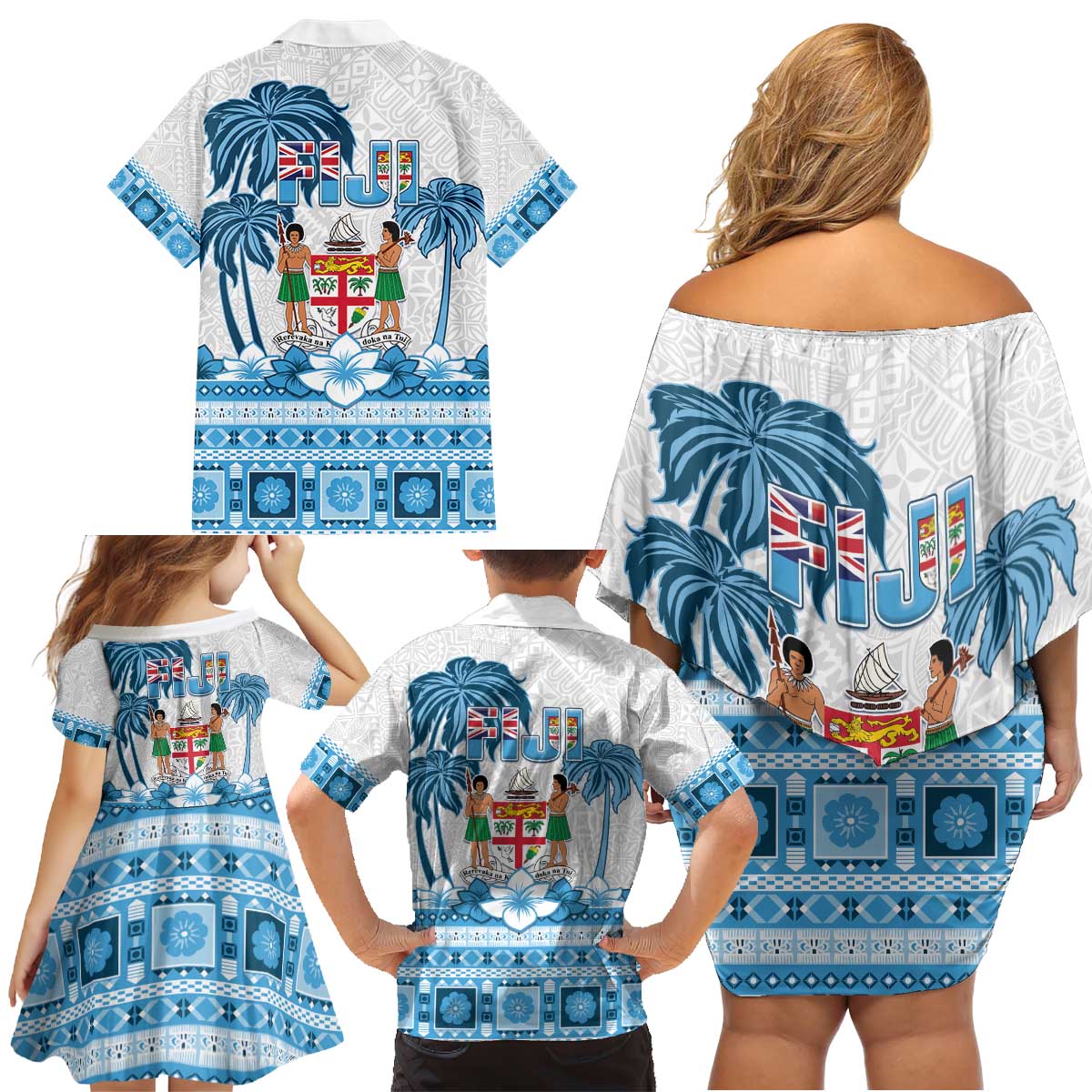 Fiji 679 Constitution Day Family Matching Off Shoulder Short Dress and Hawaiian Shirt Fijian Tapa Pattern LT05 - Polynesian Pride