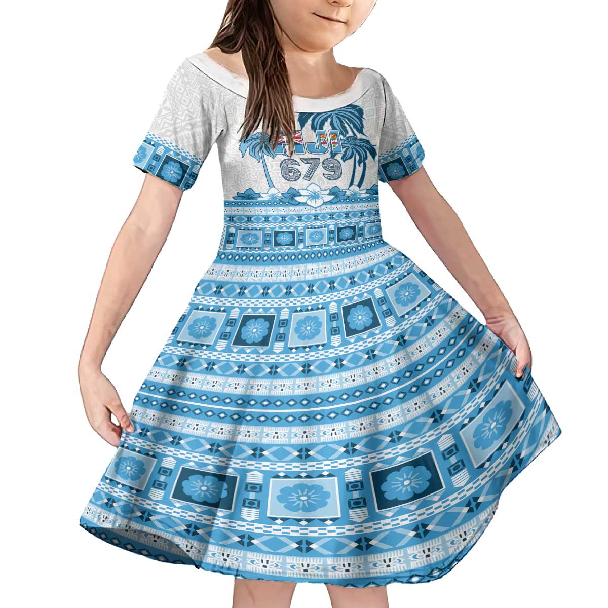 Fiji 679 Constitution Day Family Matching Puletasi and Hawaiian Shirt Fijian Tapa Pattern LT05 Daughter's Dress Blue - Polynesian Pride