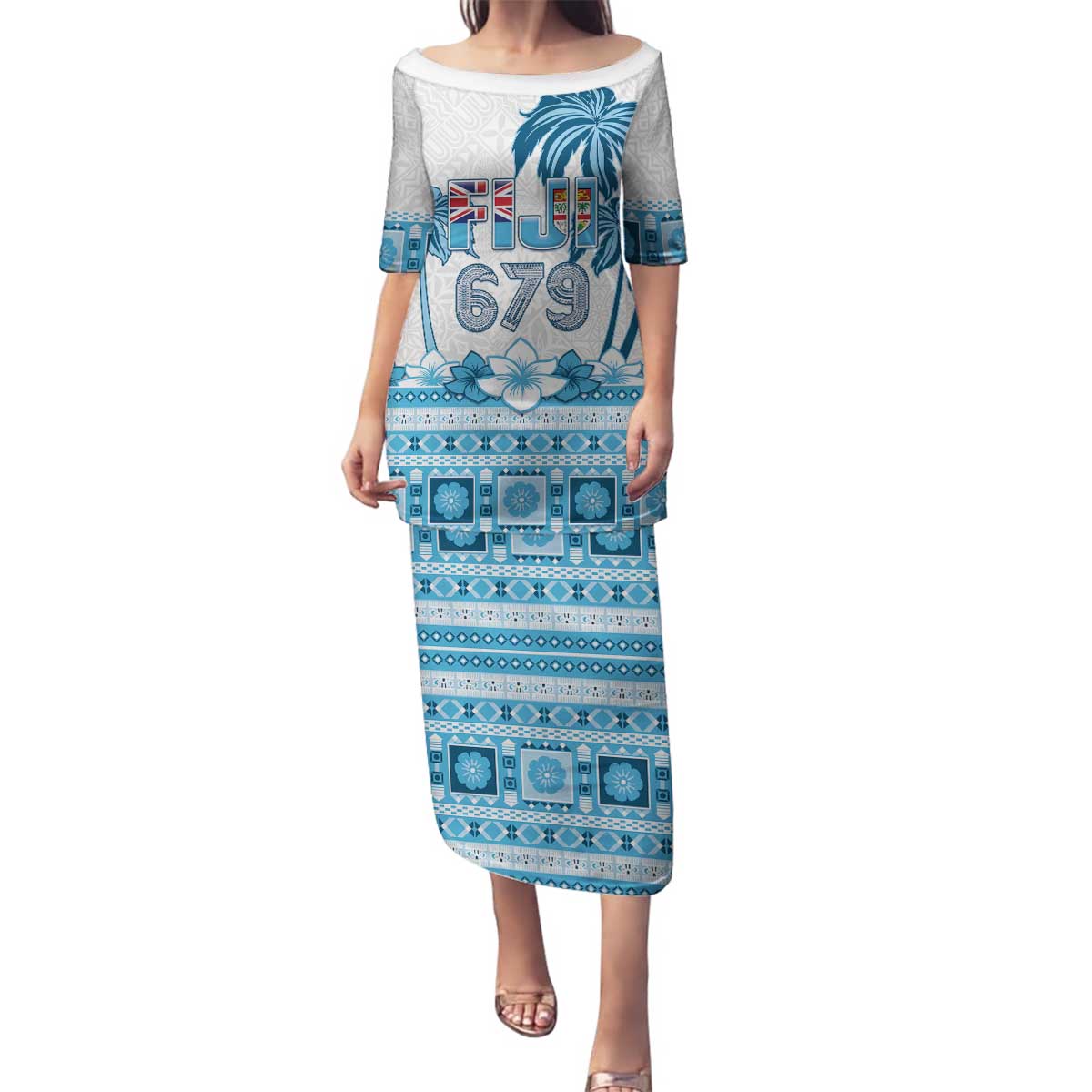 Fiji 679 Constitution Day Family Matching Puletasi and Hawaiian Shirt Fijian Tapa Pattern LT05 Mom's Dress Blue - Polynesian Pride