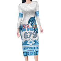 Fiji 679 Constitution Day Long Sleeve Bodycon Dress Fijian Tapa Pattern LT05 Long Dress Blue - Polynesian Pride