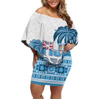 Fiji 679 Constitution Day Off Shoulder Short Dress Fijian Tapa Pattern LT05 Women Blue - Polynesian Pride