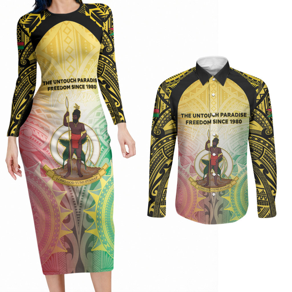 Vanuatu Independence Day Couples Matching Long Sleeve Bodycon Dress and Long Sleeve Button Shirt The Untouched Paradise LT05 Colorful - Polynesian Pride
