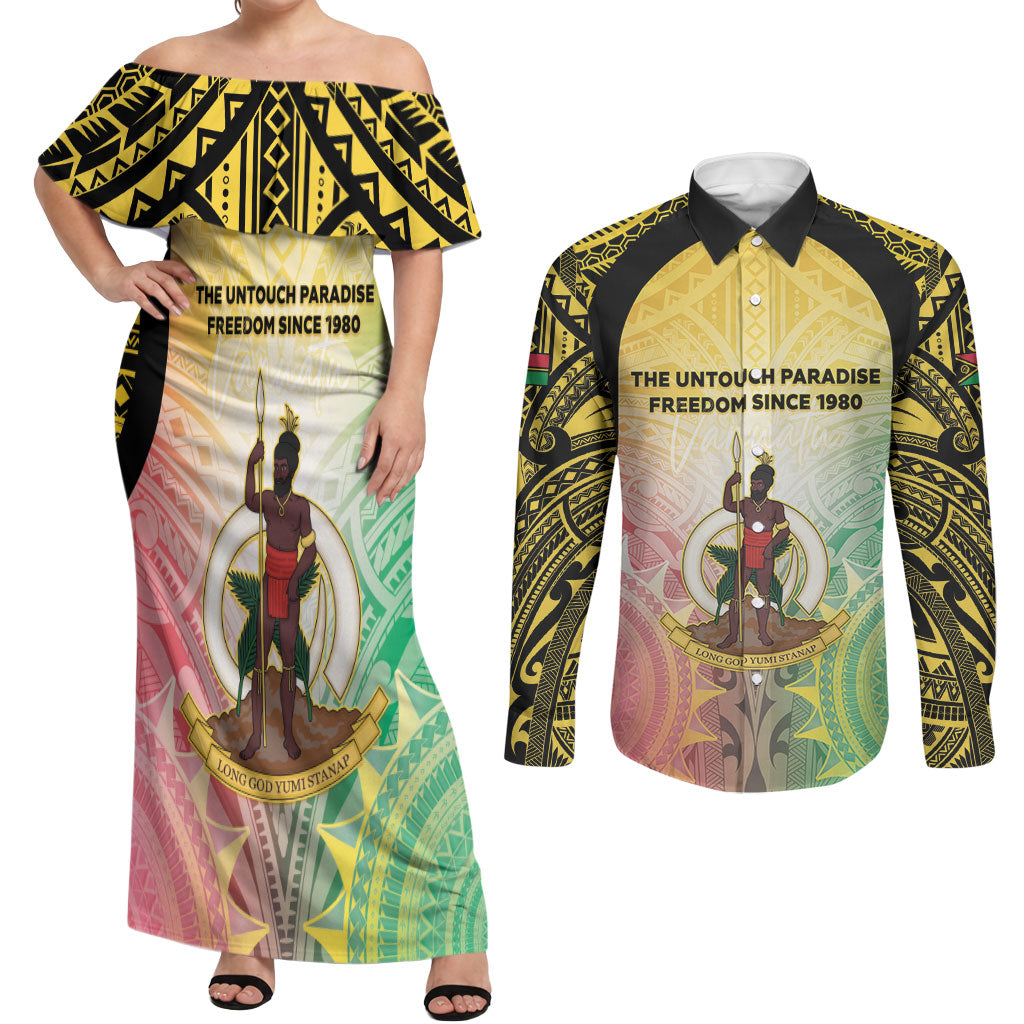 Vanuatu Independence Day Couples Matching Off Shoulder Maxi Dress and Long Sleeve Button Shirt The Untouched Paradise LT05 Colorful - Polynesian Pride
