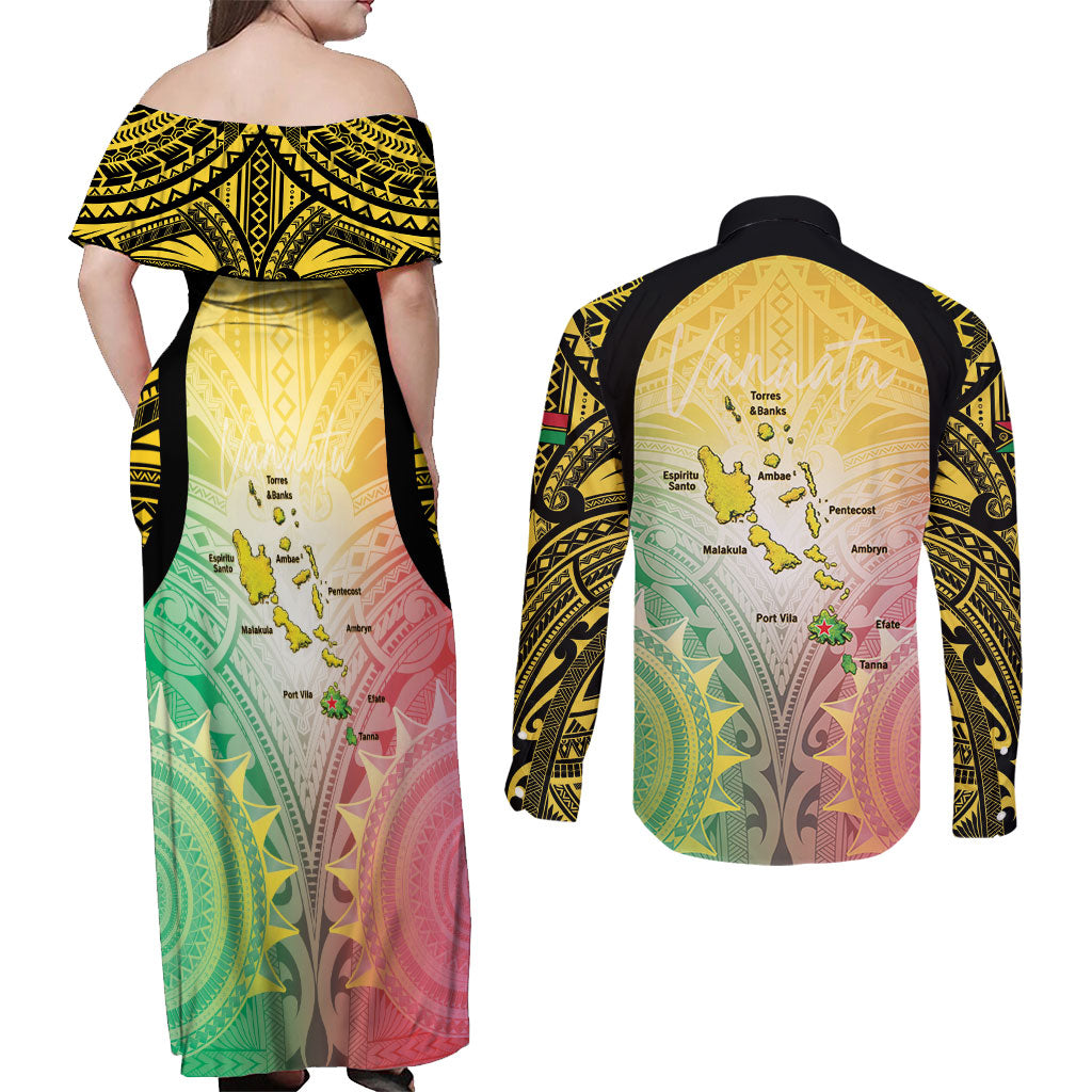Vanuatu Independence Day Couples Matching Off Shoulder Maxi Dress and Long Sleeve Button Shirt The Untouched Paradise LT05 - Polynesian Pride