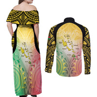 Vanuatu Independence Day Couples Matching Off Shoulder Maxi Dress and Long Sleeve Button Shirt The Untouched Paradise LT05 - Polynesian Pride