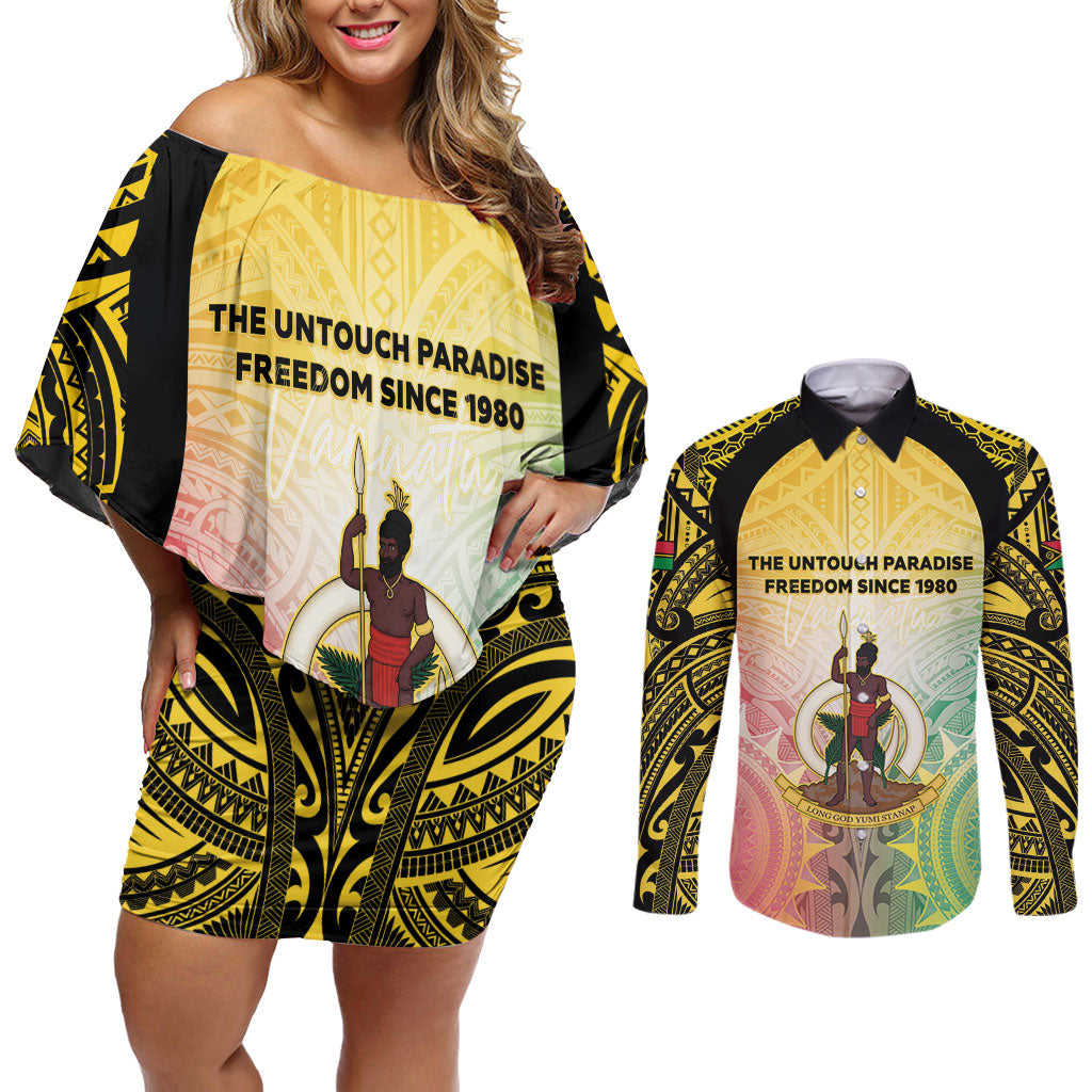 Vanuatu Independence Day Couples Matching Off Shoulder Short Dress and Long Sleeve Button Shirt The Untouched Paradise LT05 Colorful - Polynesian Pride