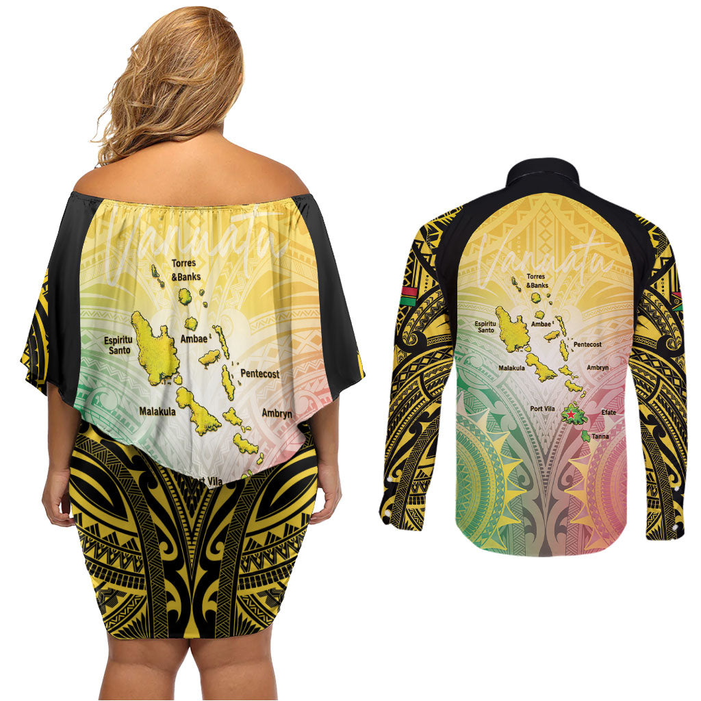 Vanuatu Independence Day Couples Matching Off Shoulder Short Dress and Long Sleeve Button Shirt The Untouched Paradise LT05 - Polynesian Pride
