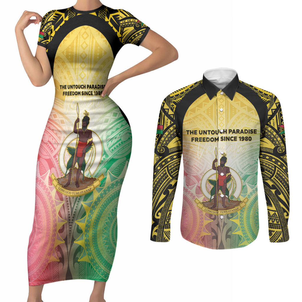 Vanuatu Independence Day Couples Matching Short Sleeve Bodycon Dress and Long Sleeve Button Shirt The Untouched Paradise LT05 Colorful - Polynesian Pride