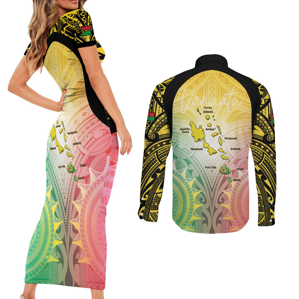 Vanuatu Independence Day Couples Matching Short Sleeve Bodycon Dress and Long Sleeve Button Shirt The Untouched Paradise LT05 - Polynesian Pride