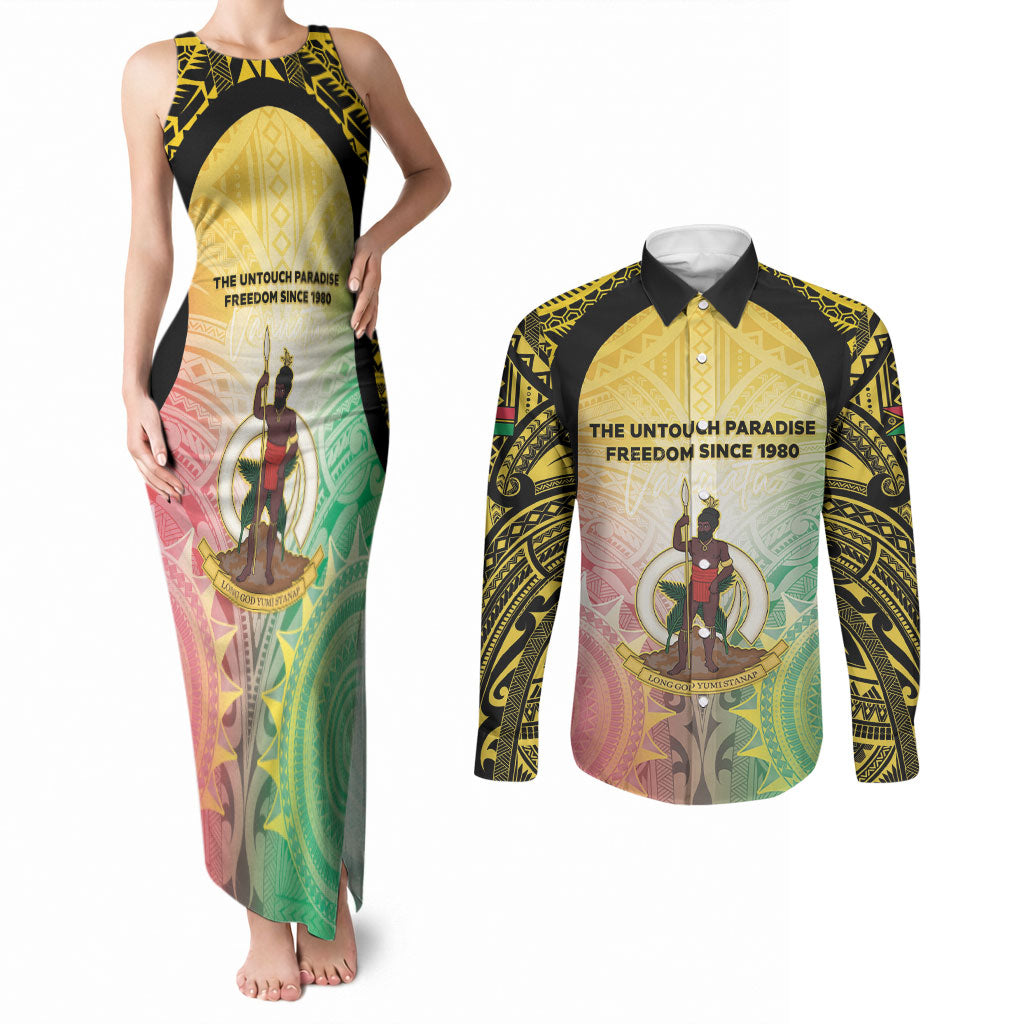 Vanuatu Independence Day Couples Matching Tank Maxi Dress and Long Sleeve Button Shirt The Untouched Paradise LT05 Colorful - Polynesian Pride
