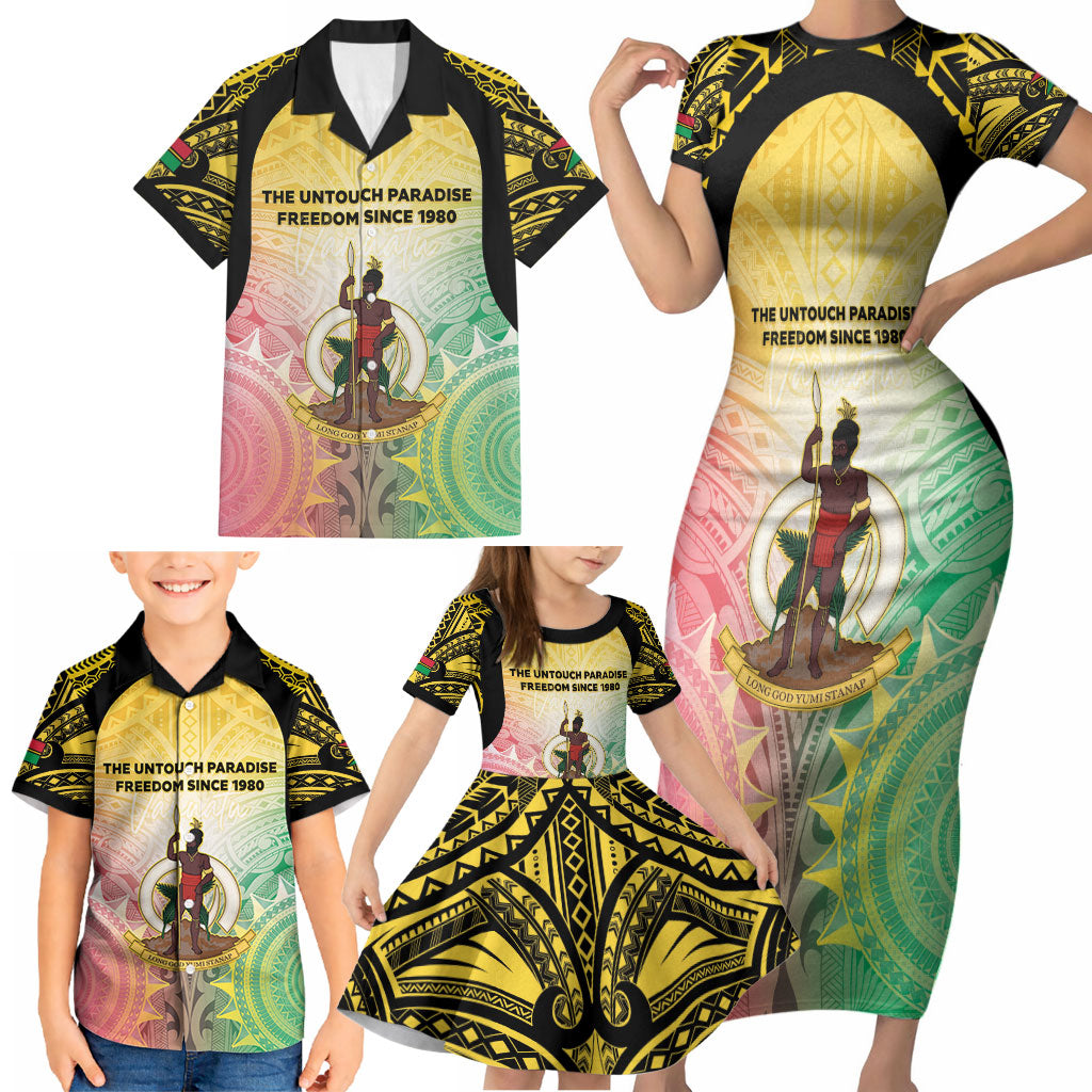 Vanuatu Independence Day Family Matching Short Sleeve Bodycon Dress and Hawaiian Shirt The Untouched Paradise LT05 - Polynesian Pride