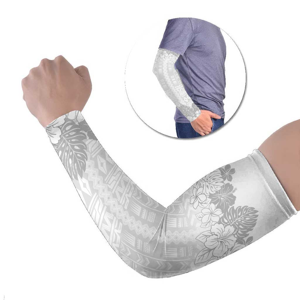 Samoa Lotu Tamaiti Arm Sleeves White Sunday Polynesian Pattern With Tropical Flowers - Polynesian Pride