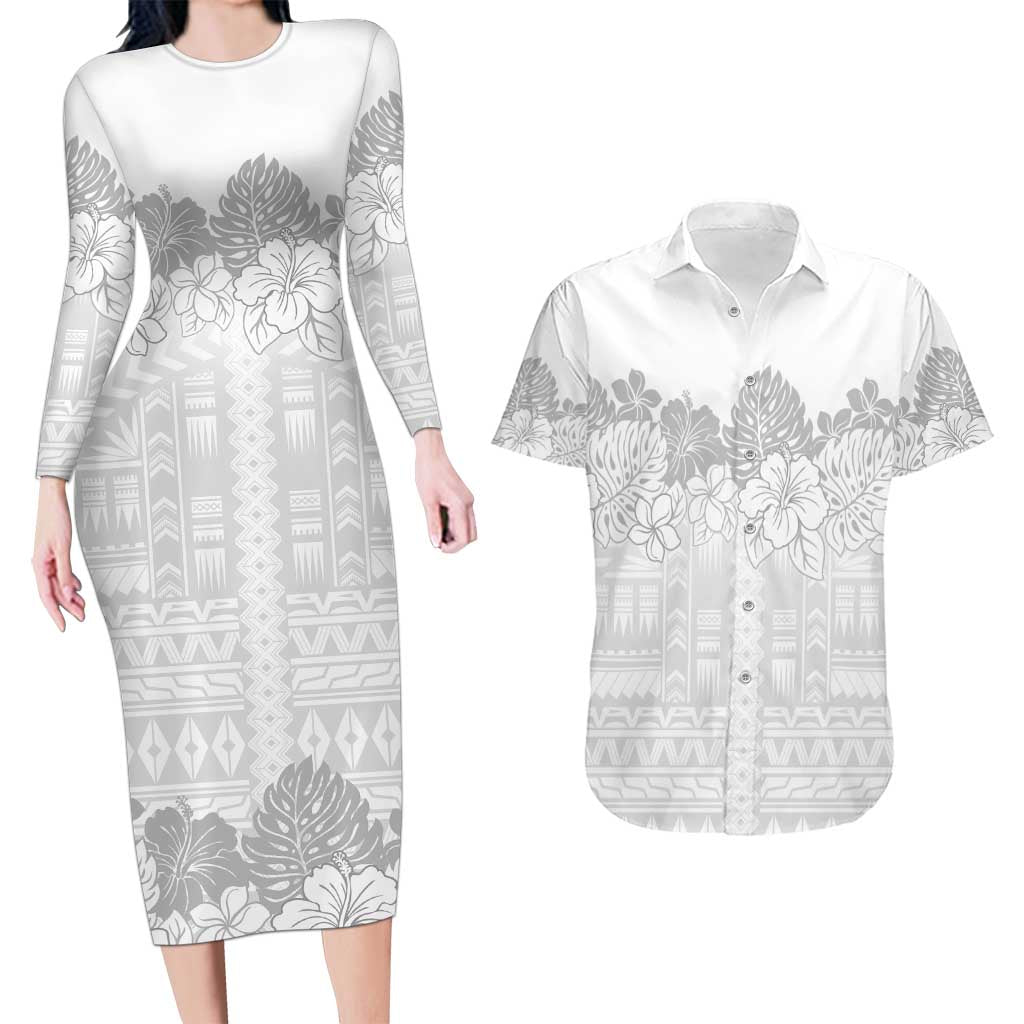 Samoa Lotu Tamaiti Couples Matching Long Sleeve Bodycon Dress and Hawaiian Shirt White Sunday Polynesian Pattern With Tropical Flowers LT05 White - Polynesian Pride