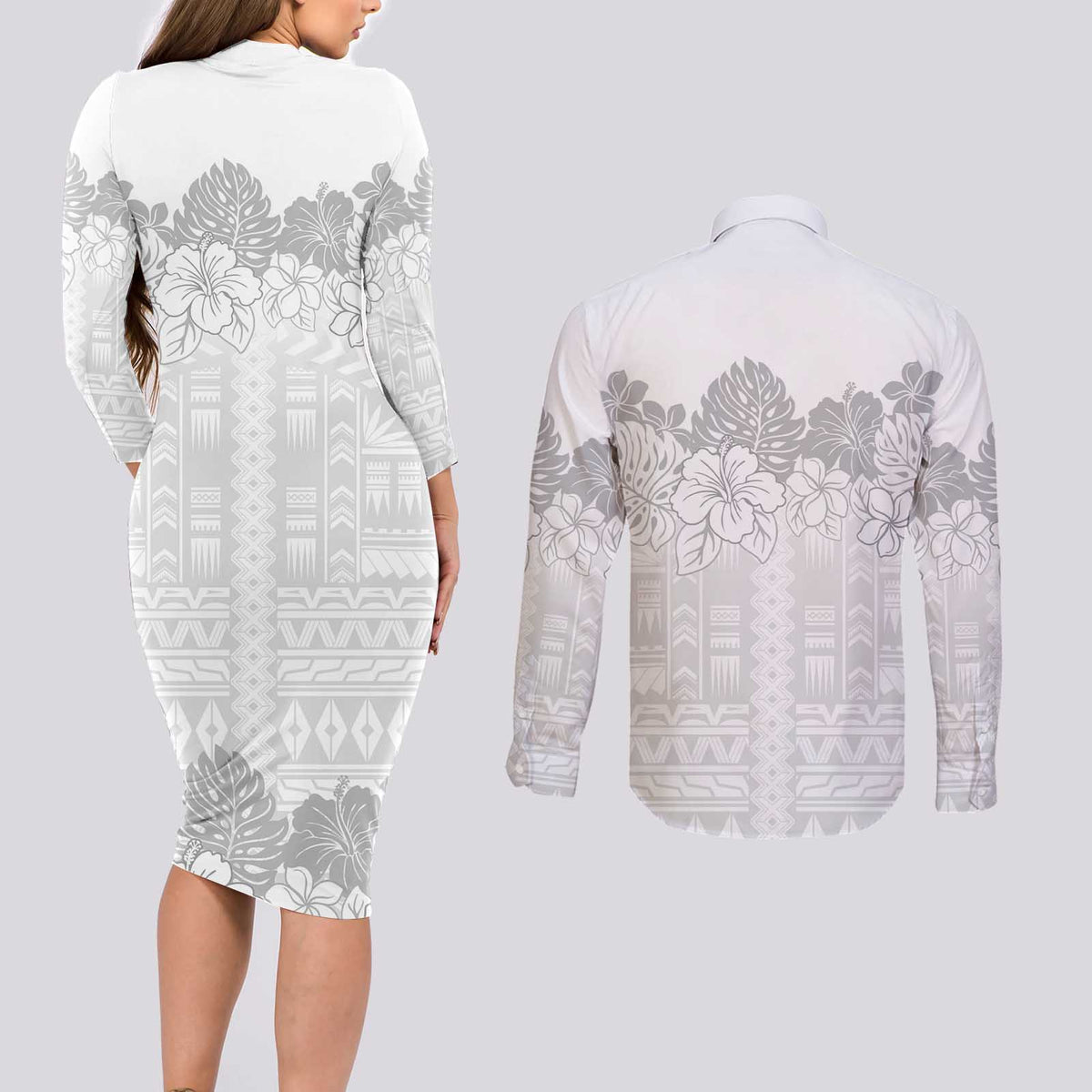 Samoa Lotu Tamaiti Couples Matching Long Sleeve Bodycon Dress and Long Sleeve Button Shirt White Sunday Polynesian Pattern With Tropical Flowers LT05 - Polynesian Pride