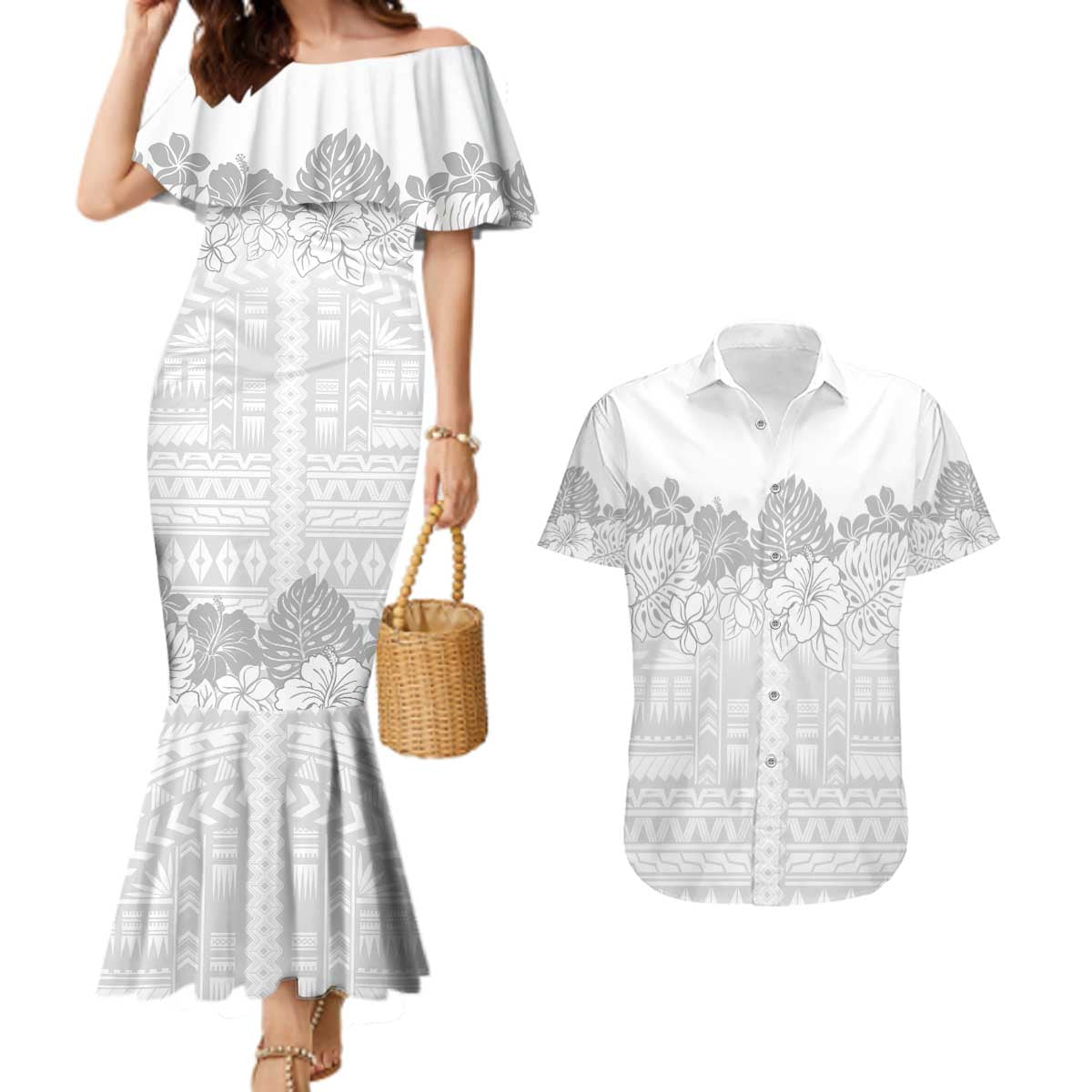 Samoa Lotu Tamaiti Couples Matching Mermaid Dress and Hawaiian Shirt White Sunday Polynesian Pattern With Tropical Flowers LT05 White - Polynesian Pride