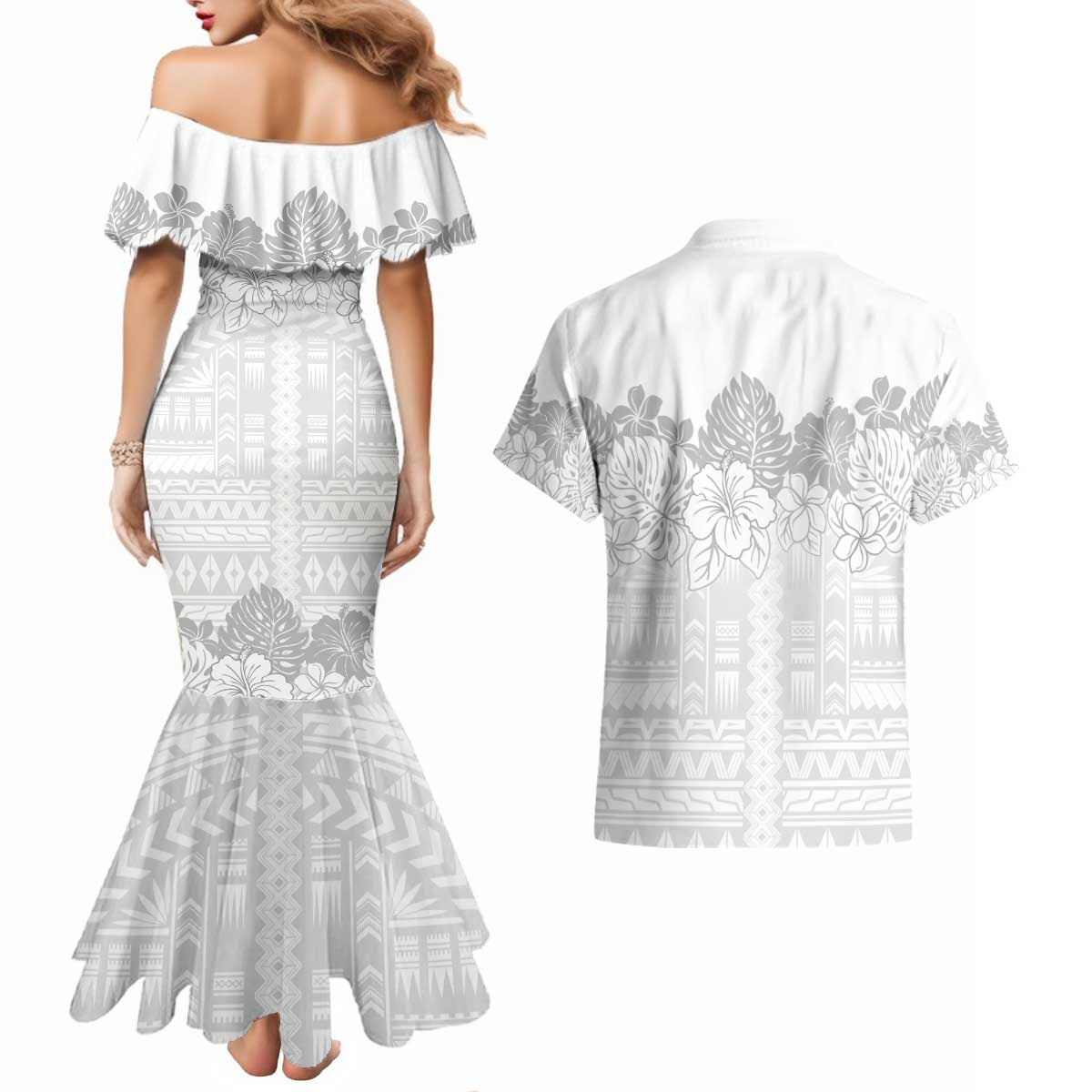 Samoa Lotu Tamaiti Couples Matching Mermaid Dress and Hawaiian Shirt White Sunday Polynesian Pattern With Tropical Flowers LT05 - Polynesian Pride