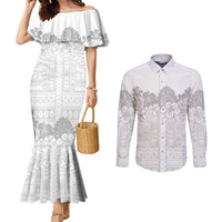 Samoa Lotu Tamaiti Couples Matching Mermaid Dress and Long Sleeve Button Shirt White Sunday Polynesian Pattern With Tropical Flowers LT05 White - Polynesian Pride