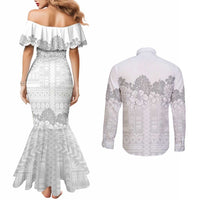 Samoa Lotu Tamaiti Couples Matching Mermaid Dress and Long Sleeve Button Shirt White Sunday Polynesian Pattern With Tropical Flowers LT05 - Polynesian Pride