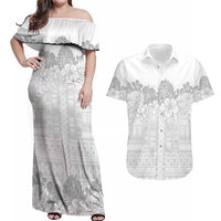 Samoa Lotu Tamaiti Couples Matching Off Shoulder Maxi Dress and Hawaiian Shirt White Sunday Polynesian Pattern With Tropical Flowers LT05 White - Polynesian Pride