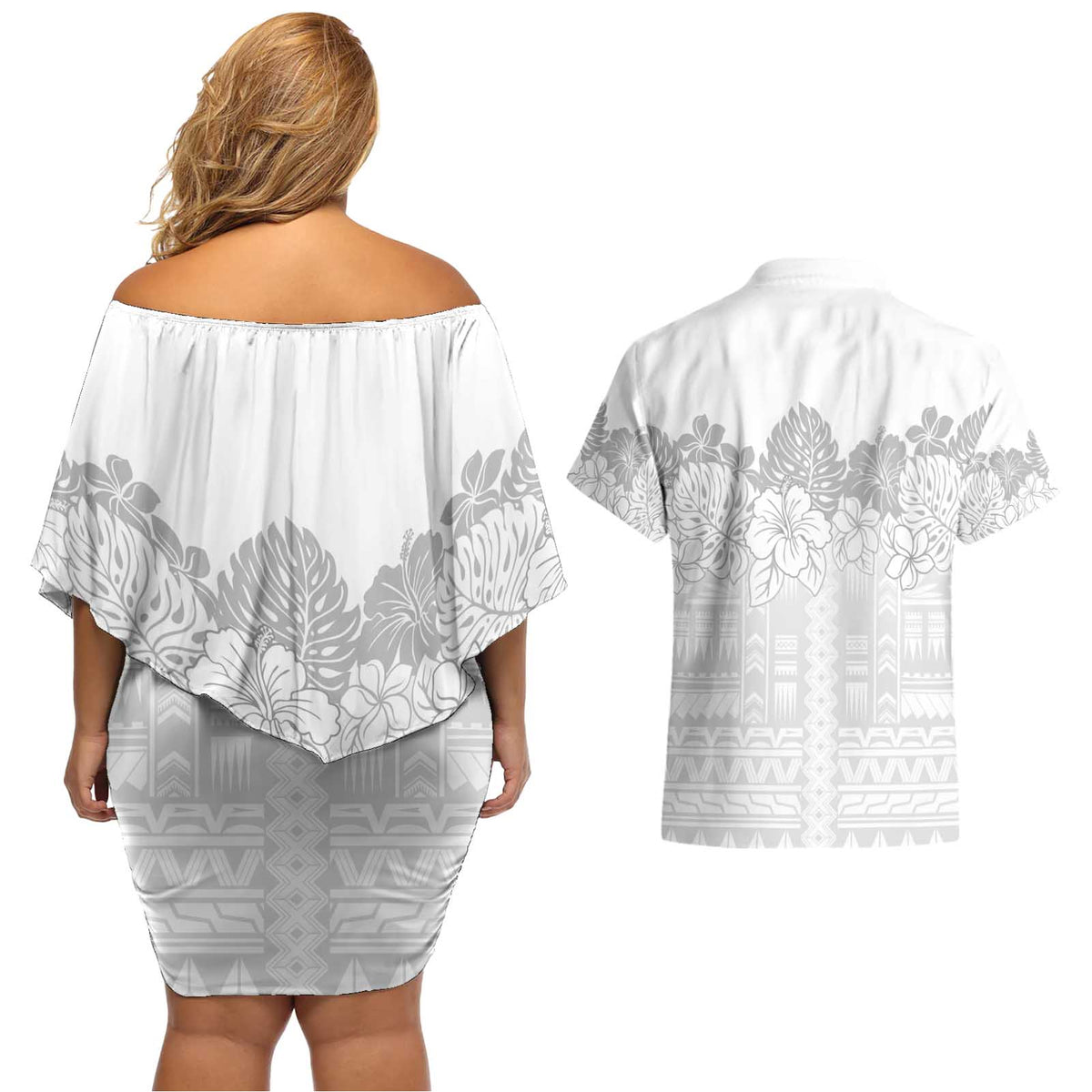 Samoa Lotu Tamaiti Couples Matching Off Shoulder Short Dress and Hawaiian Shirt White Sunday Polynesian Pattern With Tropical Flowers LT05 - Polynesian Pride