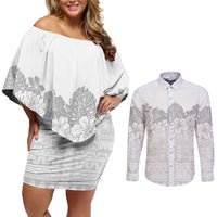 Samoa Lotu Tamaiti Couples Matching Off Shoulder Short Dress and Long Sleeve Button Shirt White Sunday Polynesian Pattern With Tropical Flowers LT05 White - Polynesian Pride