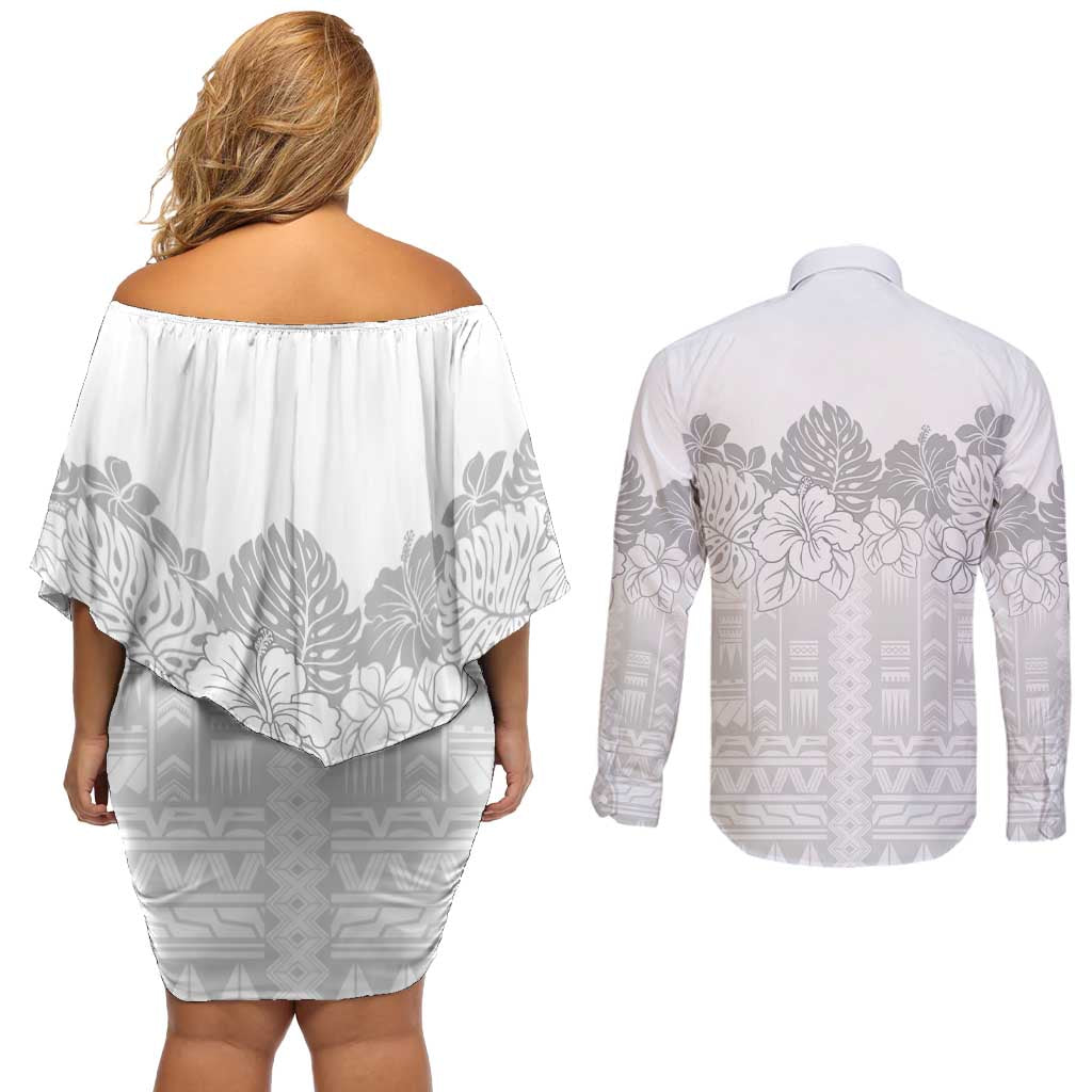 Samoa Lotu Tamaiti Couples Matching Off Shoulder Short Dress and Long Sleeve Button Shirt White Sunday Polynesian Pattern With Tropical Flowers LT05 - Polynesian Pride