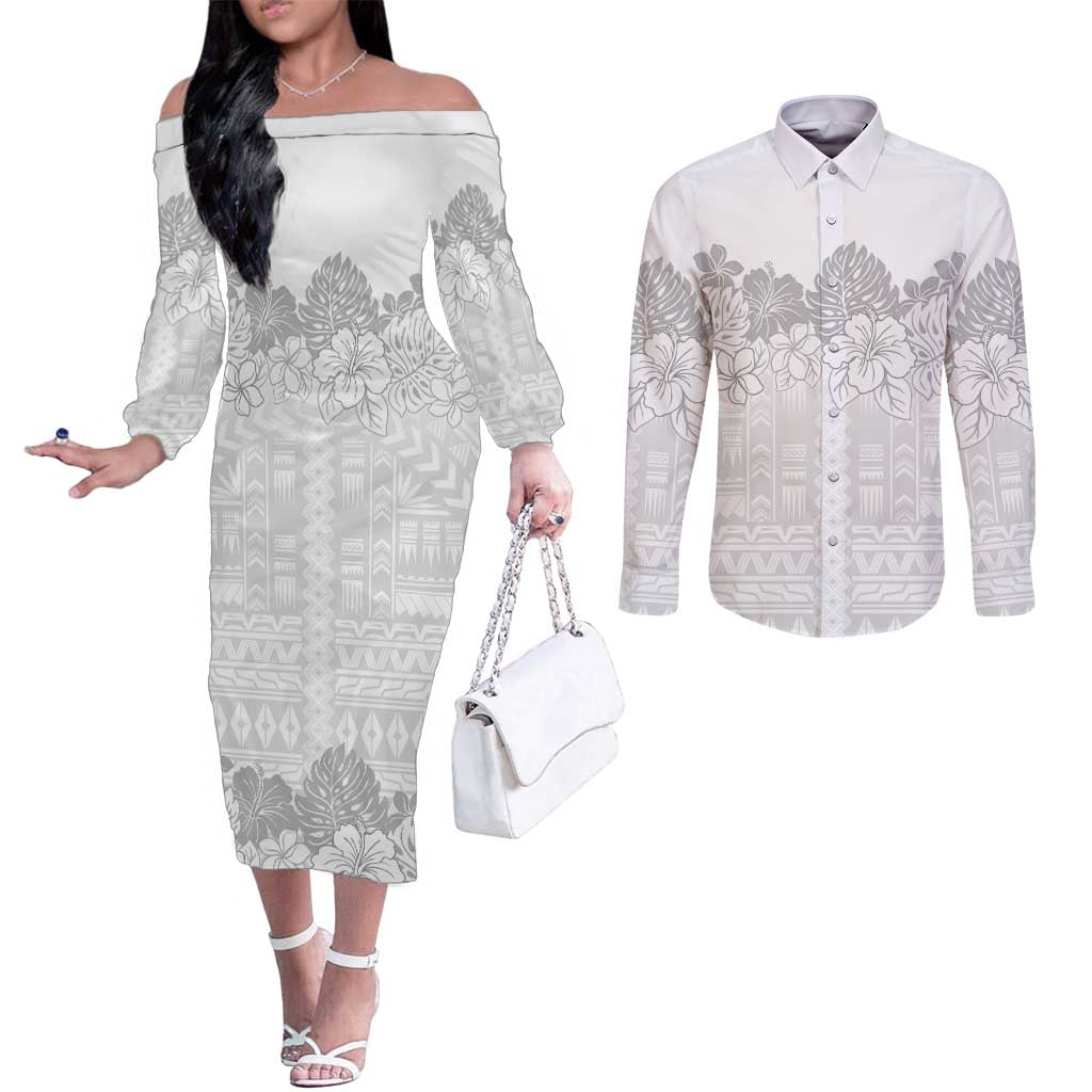 Samoa Lotu Tamaiti Couples Matching Off The Shoulder Long Sleeve Dress and Long Sleeve Button Shirt White Sunday Polynesian Pattern With Tropical Flowers LT05 White - Polynesian Pride