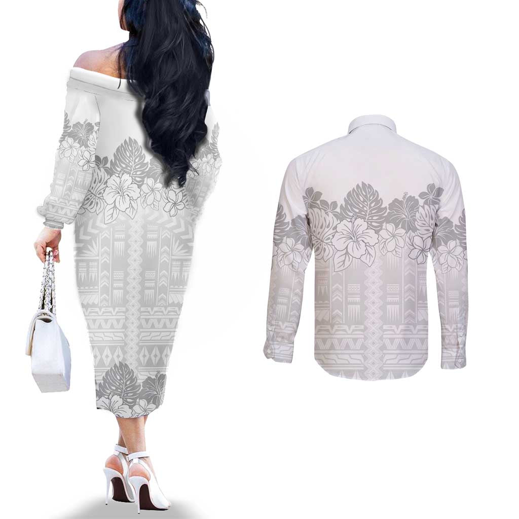 Samoa Lotu Tamaiti Couples Matching Off The Shoulder Long Sleeve Dress and Long Sleeve Button Shirt White Sunday Polynesian Pattern With Tropical Flowers LT05 - Polynesian Pride