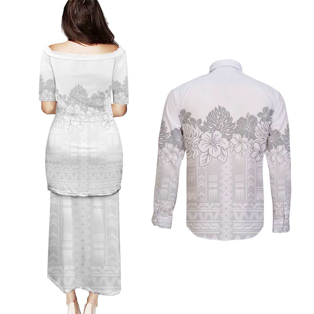 Samoa Lotu Tamaiti Couples Matching Puletasi and Long Sleeve Button Shirt White Sunday Polynesian Pattern With Tropical Flowers