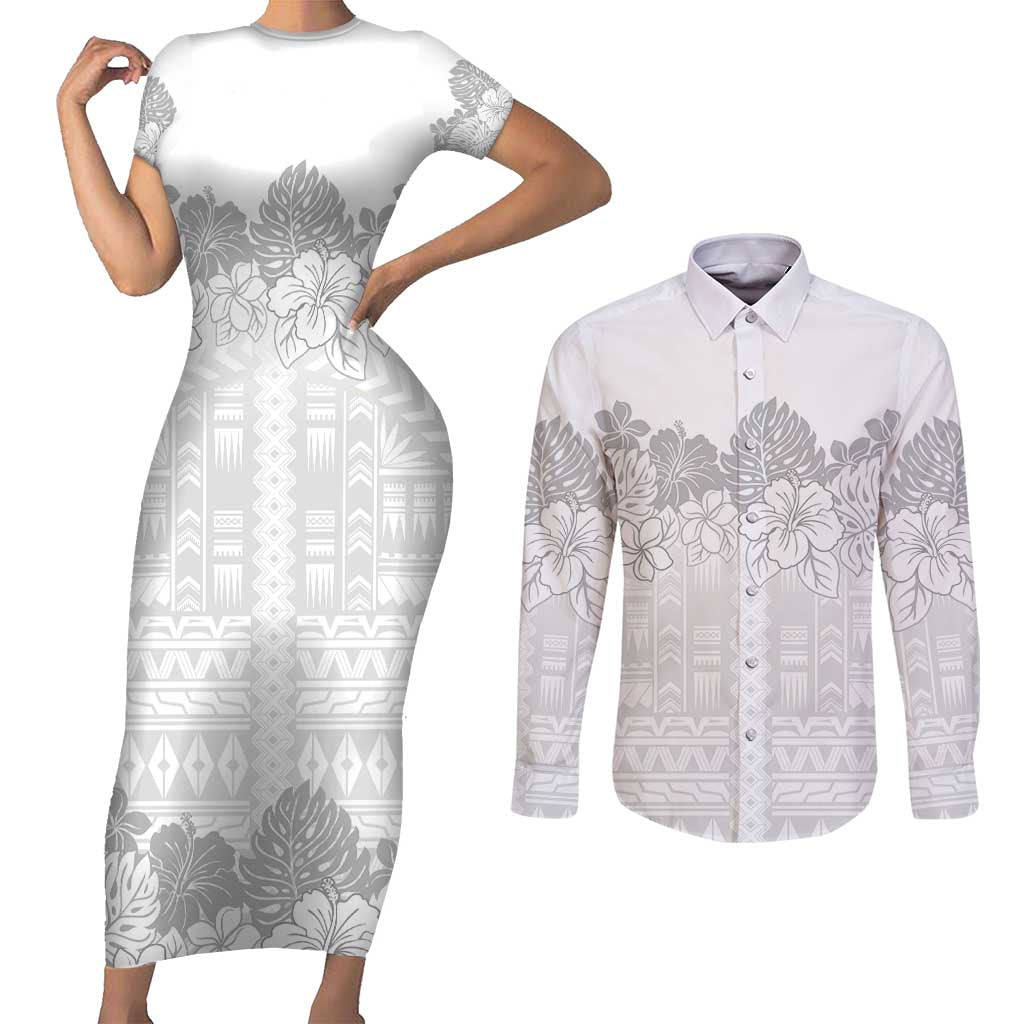 Samoa Lotu Tamaiti Couples Matching Short Sleeve Bodycon Dress and Long Sleeve Button Shirt White Sunday Polynesian Pattern With Tropical Flowers LT05 White - Polynesian Pride