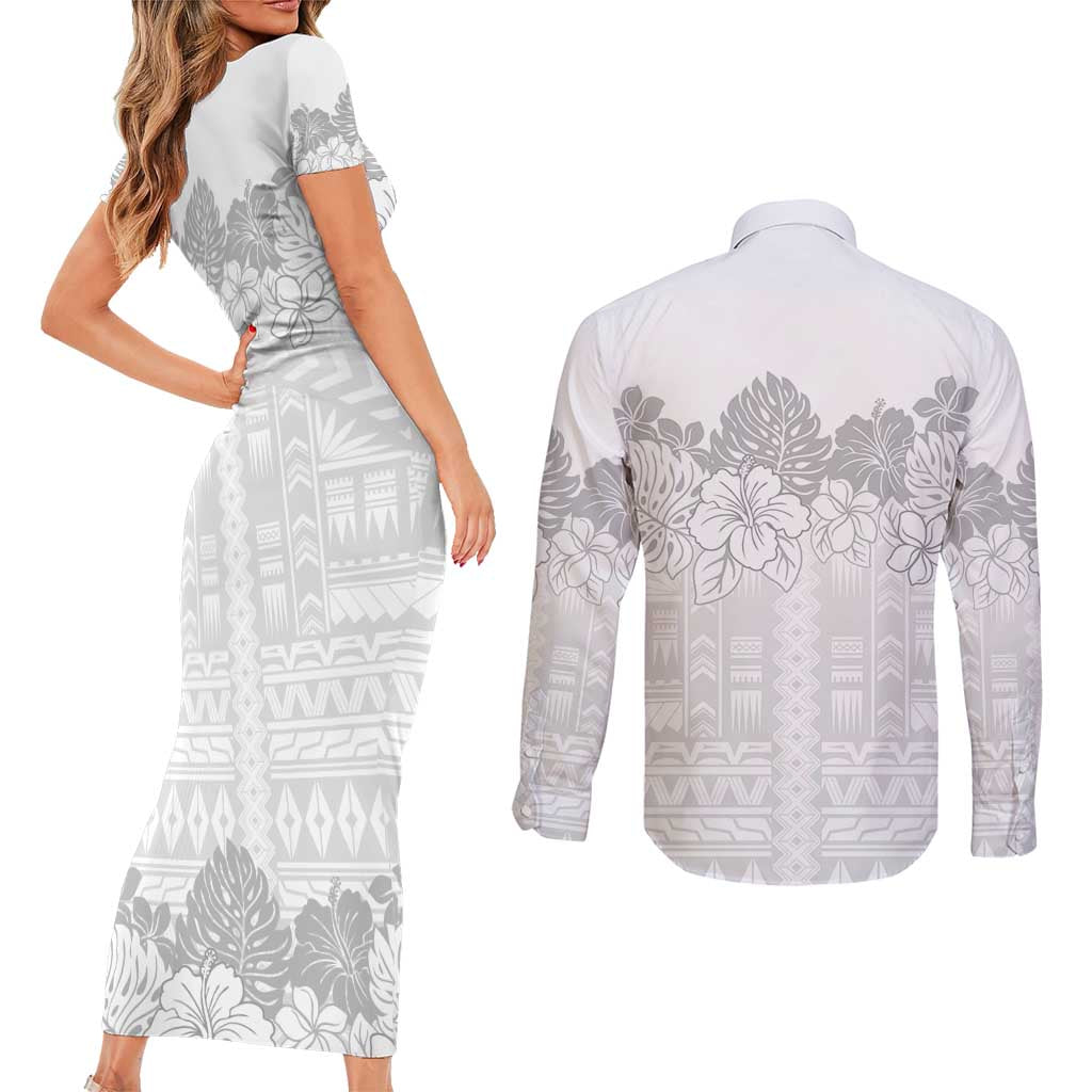 Samoa Lotu Tamaiti Couples Matching Short Sleeve Bodycon Dress and Long Sleeve Button Shirt White Sunday Polynesian Pattern With Tropical Flowers LT05 - Polynesian Pride