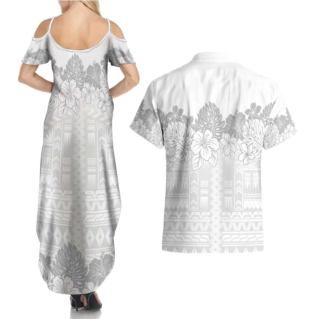 Samoa Lotu Tamaiti Couples Matching Summer Maxi Dress and Hawaiian Shirt White Sunday Polynesian Pattern With Tropical Flowers LT05 - Polynesian Pride