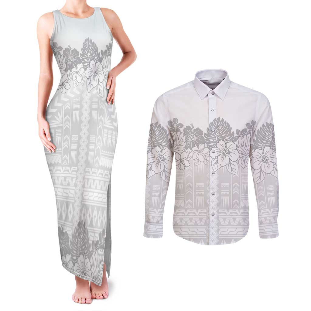 Samoa Lotu Tamaiti Couples Matching Tank Maxi Dress and Long Sleeve Button Shirt White Sunday Polynesian Pattern With Tropical Flowers LT05 White - Polynesian Pride