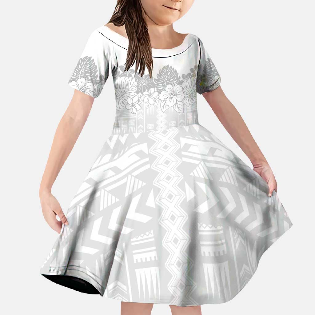 Samoa Lotu Tamaiti Family Matching Long Sleeve Bodycon Dress and Hawaiian Shirt White Sunday Polynesian Pattern With Tropical Flowers LT05 Daughter's Dress White - Polynesian Pride